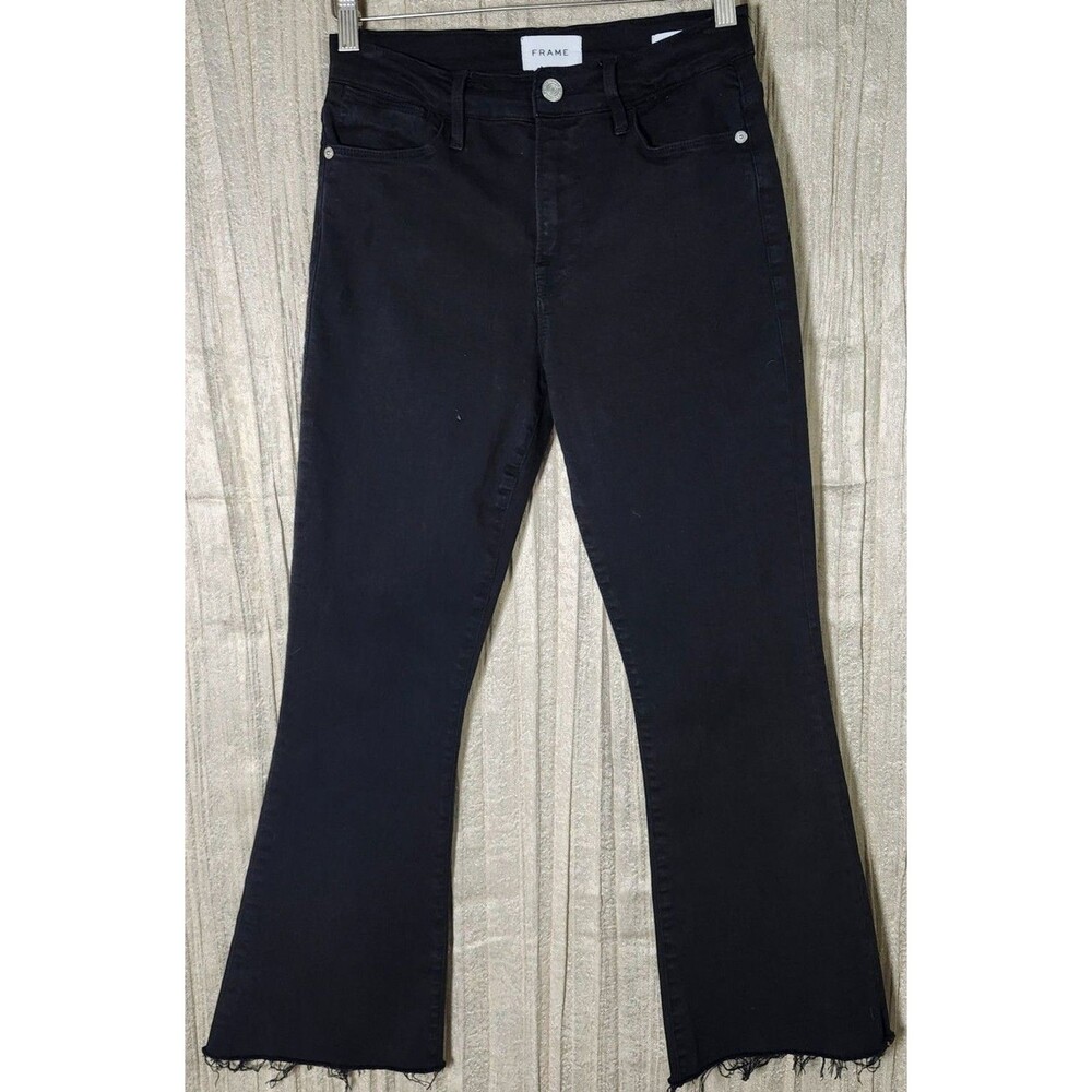 FRAME Le High Flare Film Noir Black Raw Hem Stretch Denim Cropped Jeans 28x25